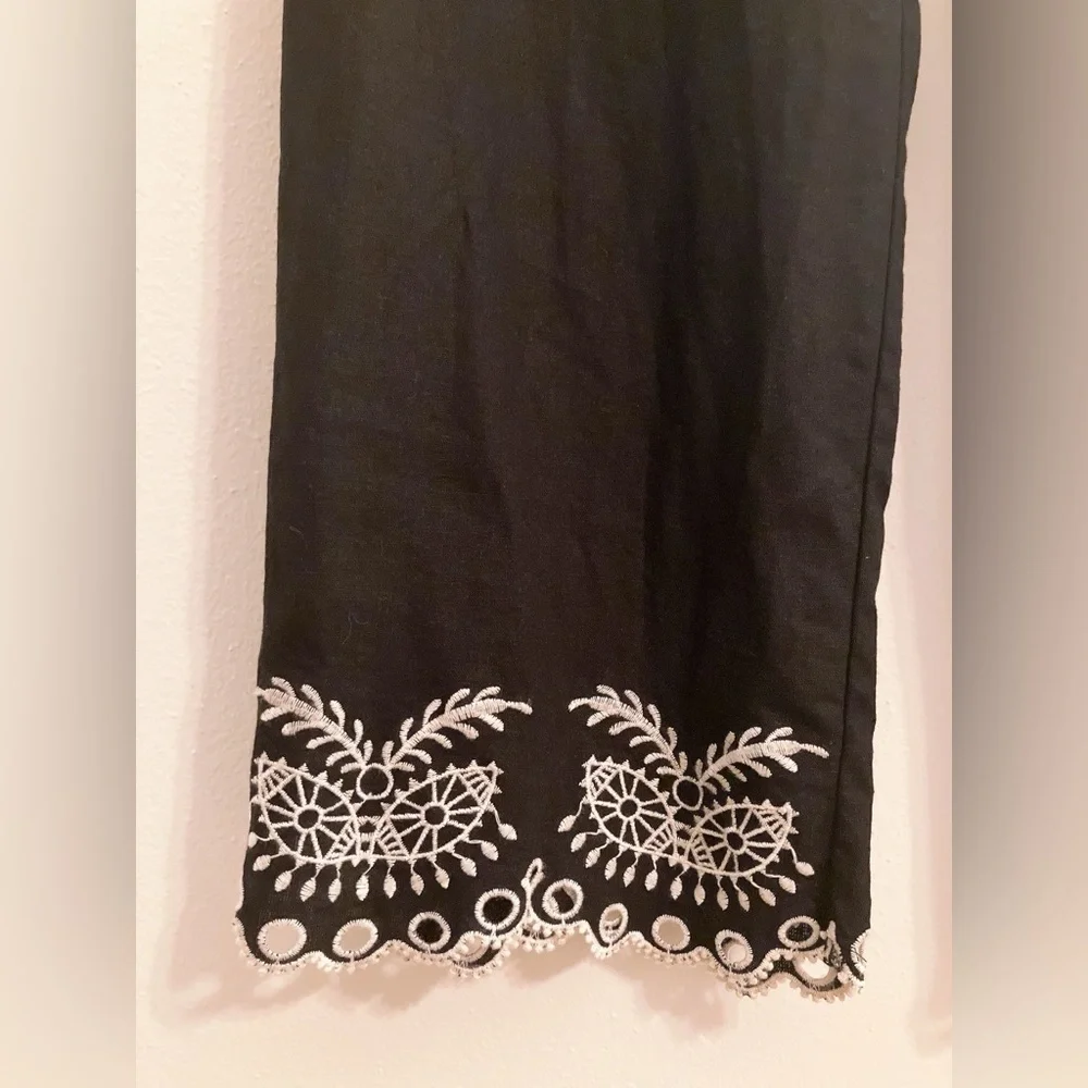 🎀 Maison D’Amelie Wide-Leg High-Rise Embroidered Hem Black Linen Ankle Pants - Picture 3 of 9